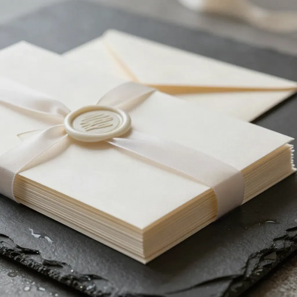 Cream wedding invitation suite on rain-dark slate, side-lit with a soft wet reflection