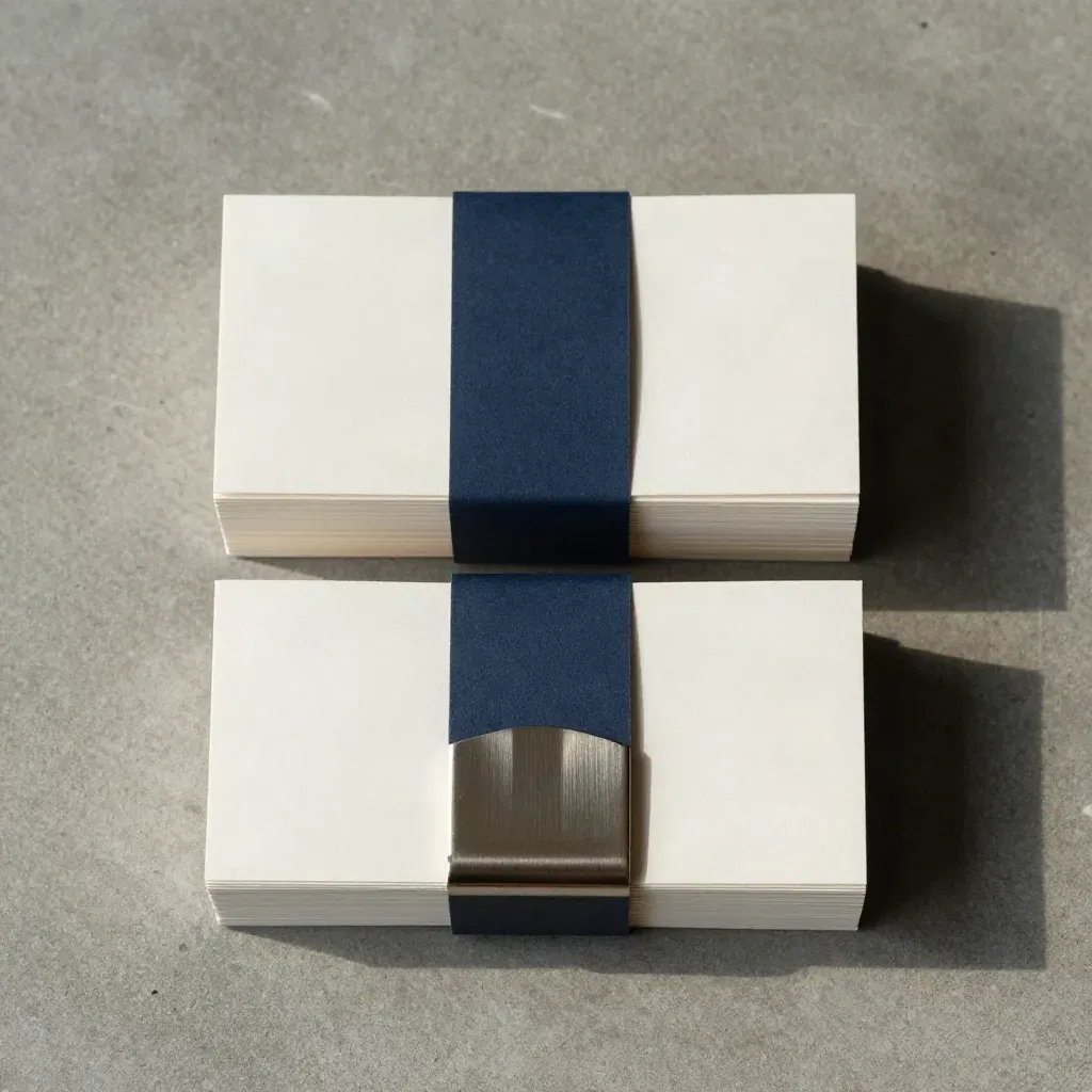 Overhead flatlay of a business card stack, holder, navy band and metal clip on concrete.