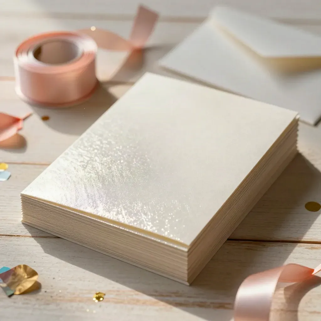 Foil birthday card stack with ribbon, confetti sprigs and glassine envelope on pale wood.