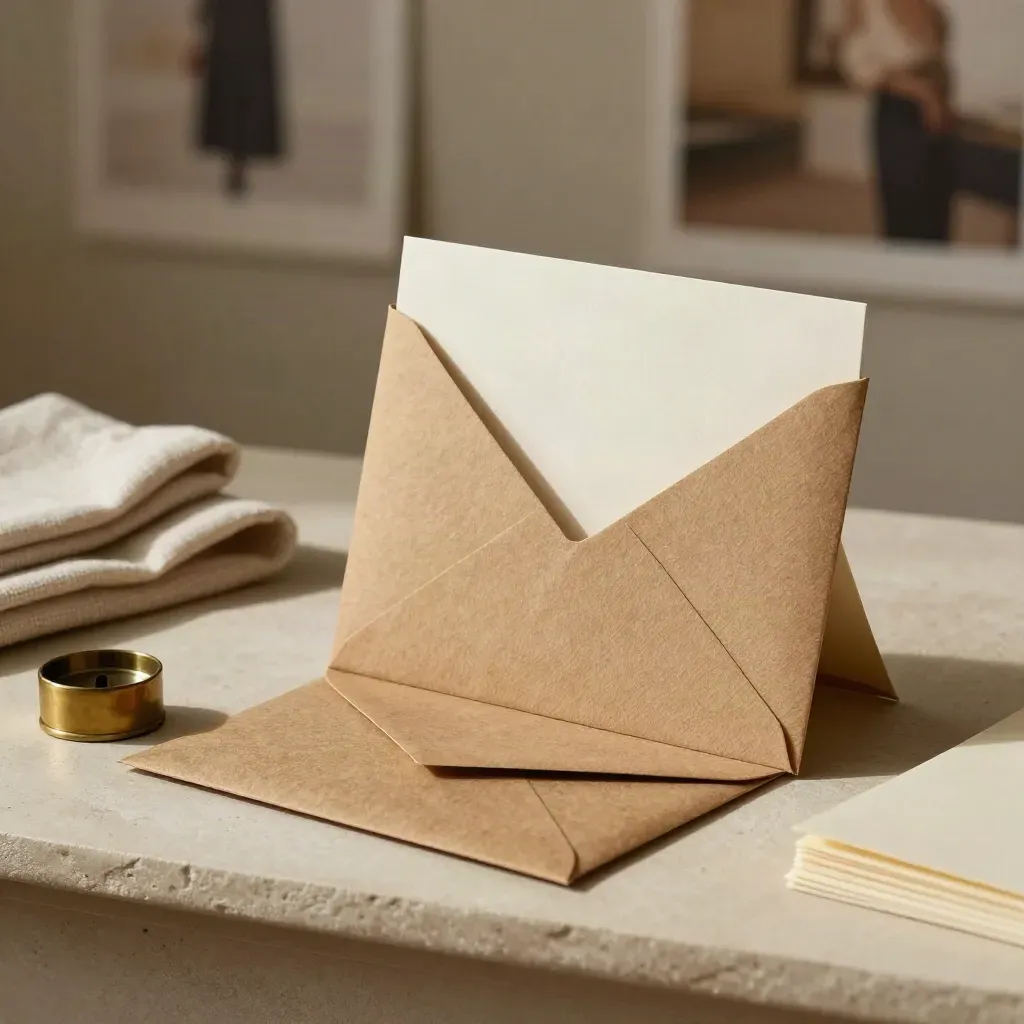 Folded thank-you card pack with kraft envelopes, linen sleeve and soft paper insert on a shelf.