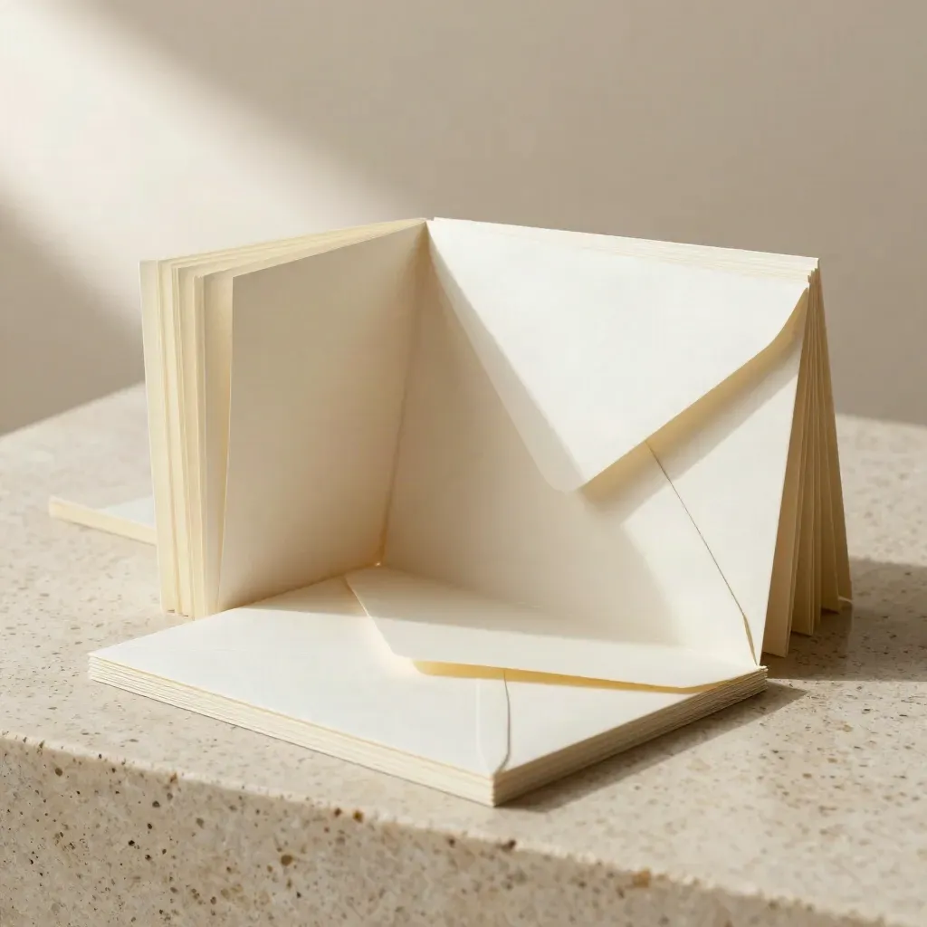 Folded cream thank-you cards with envelopes on pale travertine in soft studio light