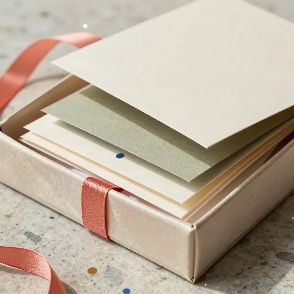 Satin-lined birthday card set with coral ribbon and confetti on stone.