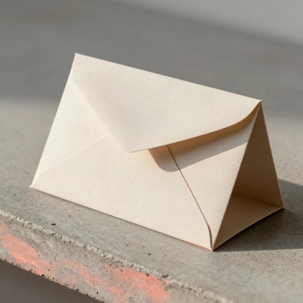 Macro of a brushed paper card sleeve, textured insert, and envelope on concrete with coral light.