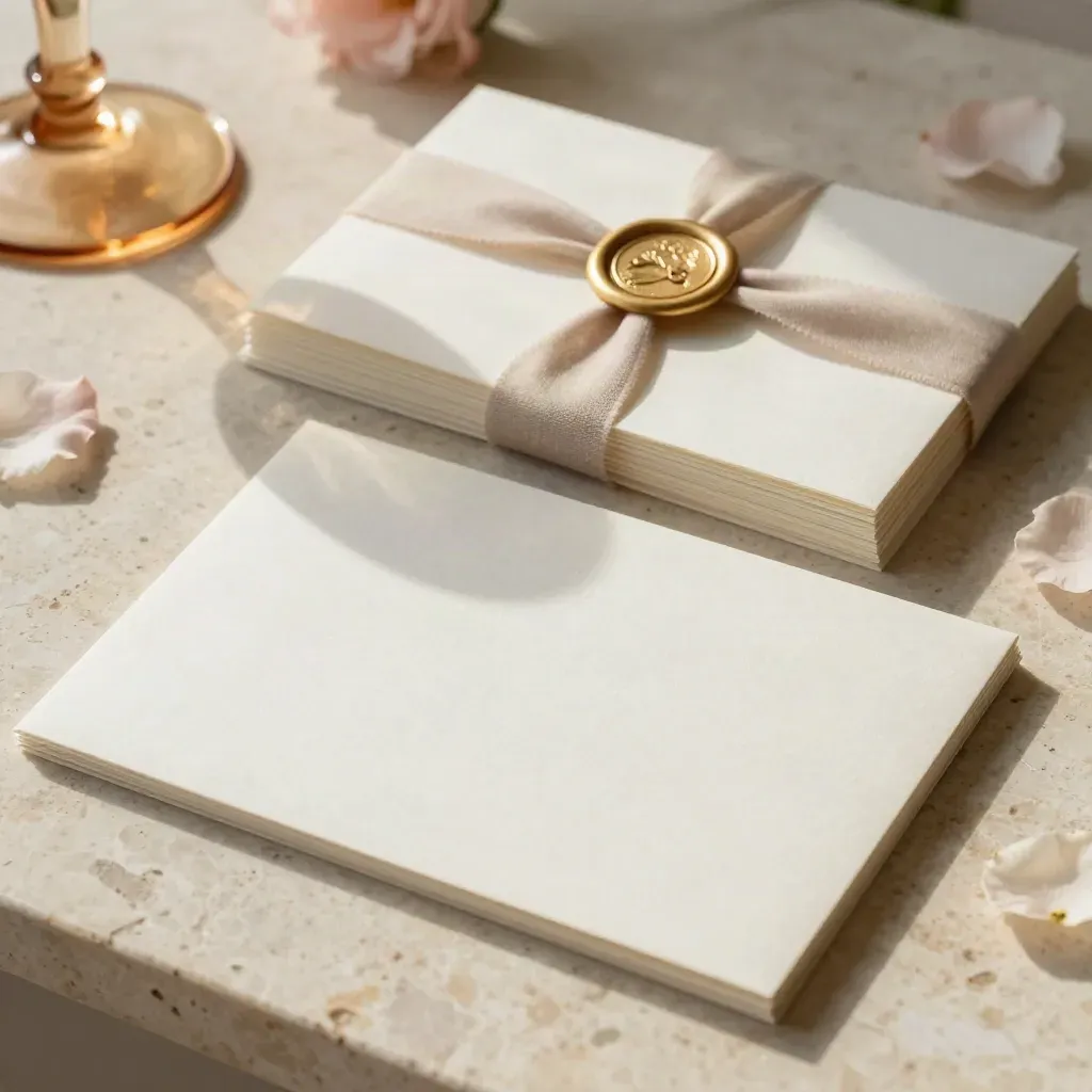 Travertine tabletop with wedding invitation suite, amber dish, linen and petals in soft late light